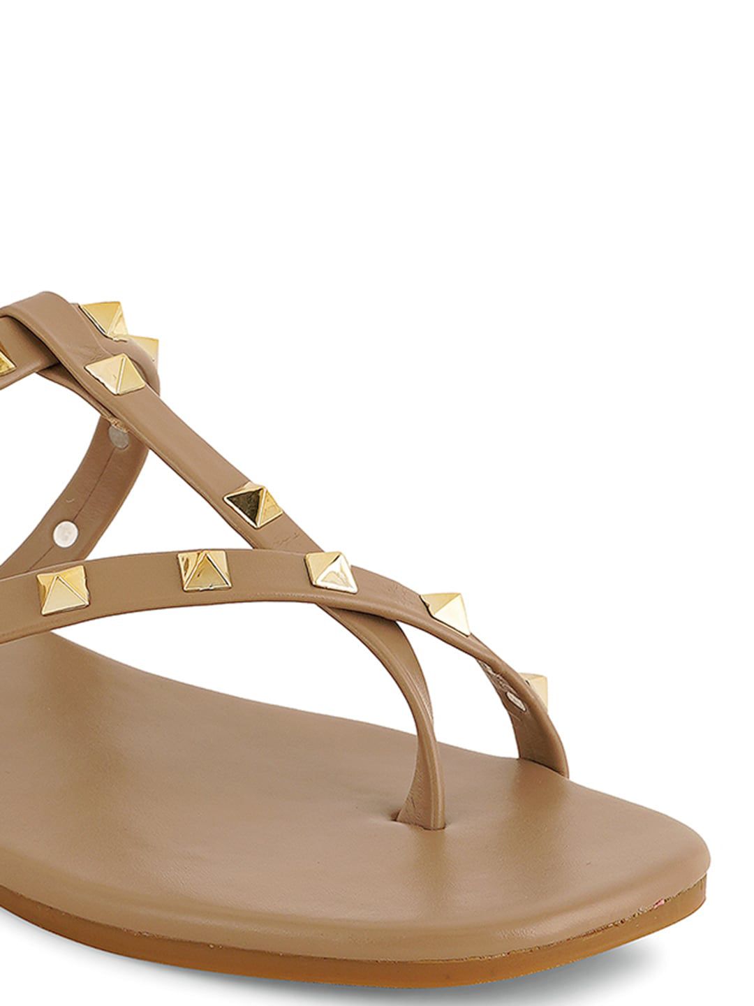 DressBerry Beige And Gold-Toned Studded Open Toe Flats