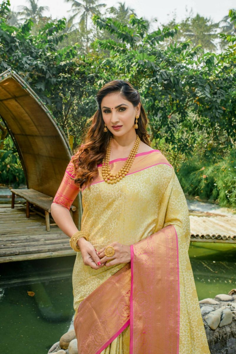 Aastha Fashion Beige Woven Kanchipuram Silk Saree with Blouse - Distacart