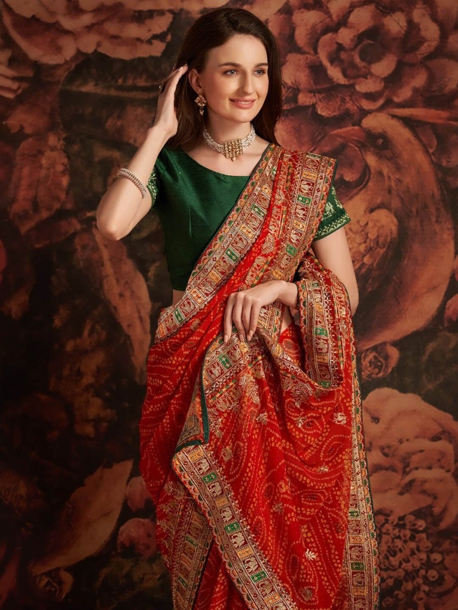 Anouk Red & Green Printed & Embroidered Pure Georgette Bandhani Saree - Distacart