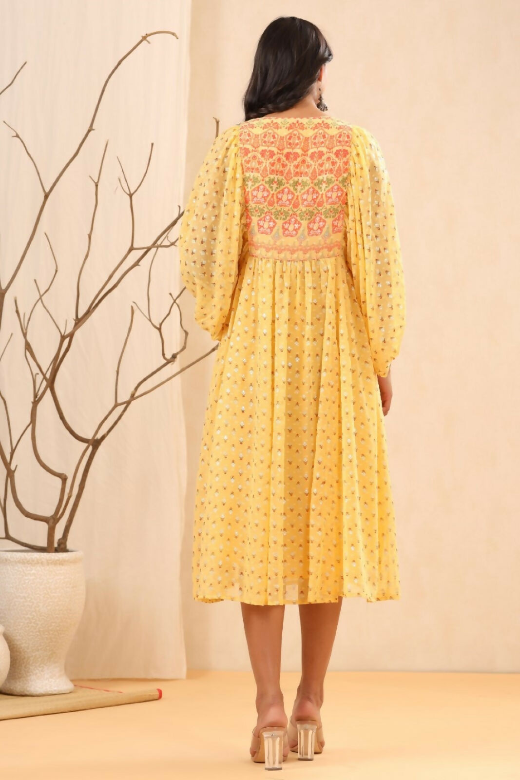 Juniper Yellow Ethnic Motif Printed Georgette Midi Dress With Sequins Work