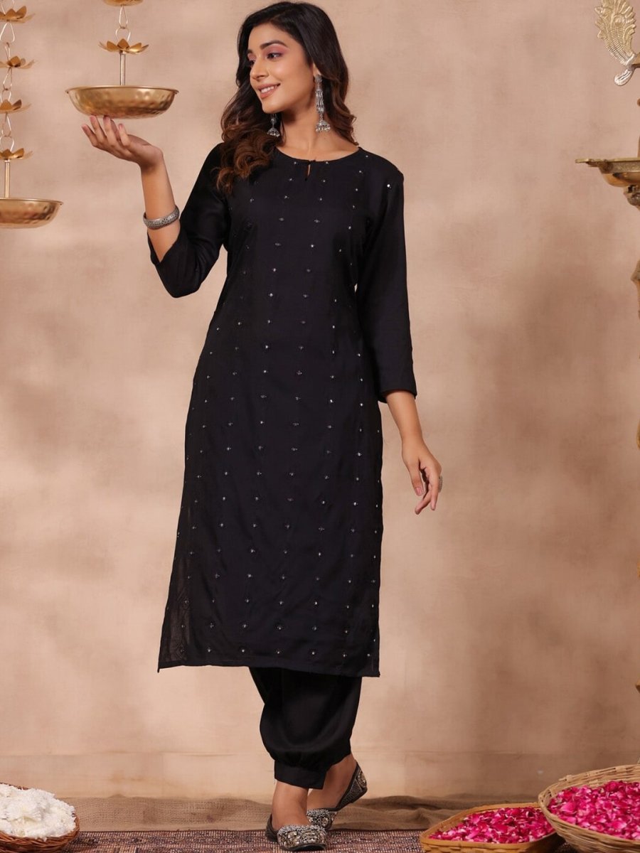 Anubhutee Embroidered Mirror Work Keyhole Neck Straight Regular Kurta - Distacart