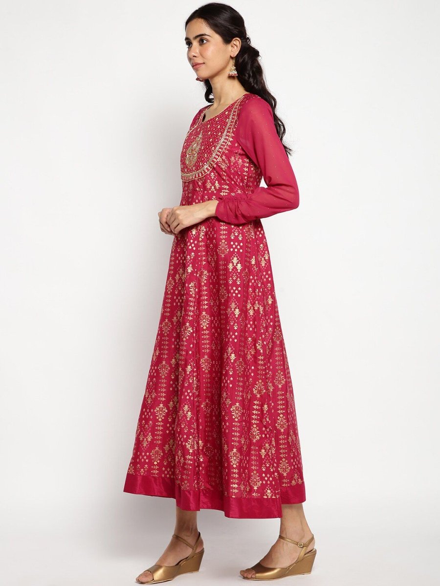 AURELIA Printed Ethnic Motifs Satin Maxi Ethnic Dress