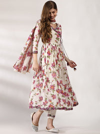 Thumbnail for Anouk Floral Printed V-Neck Angrakha Thread Work Pure Cotton Kurta with Trousers & Dupatta