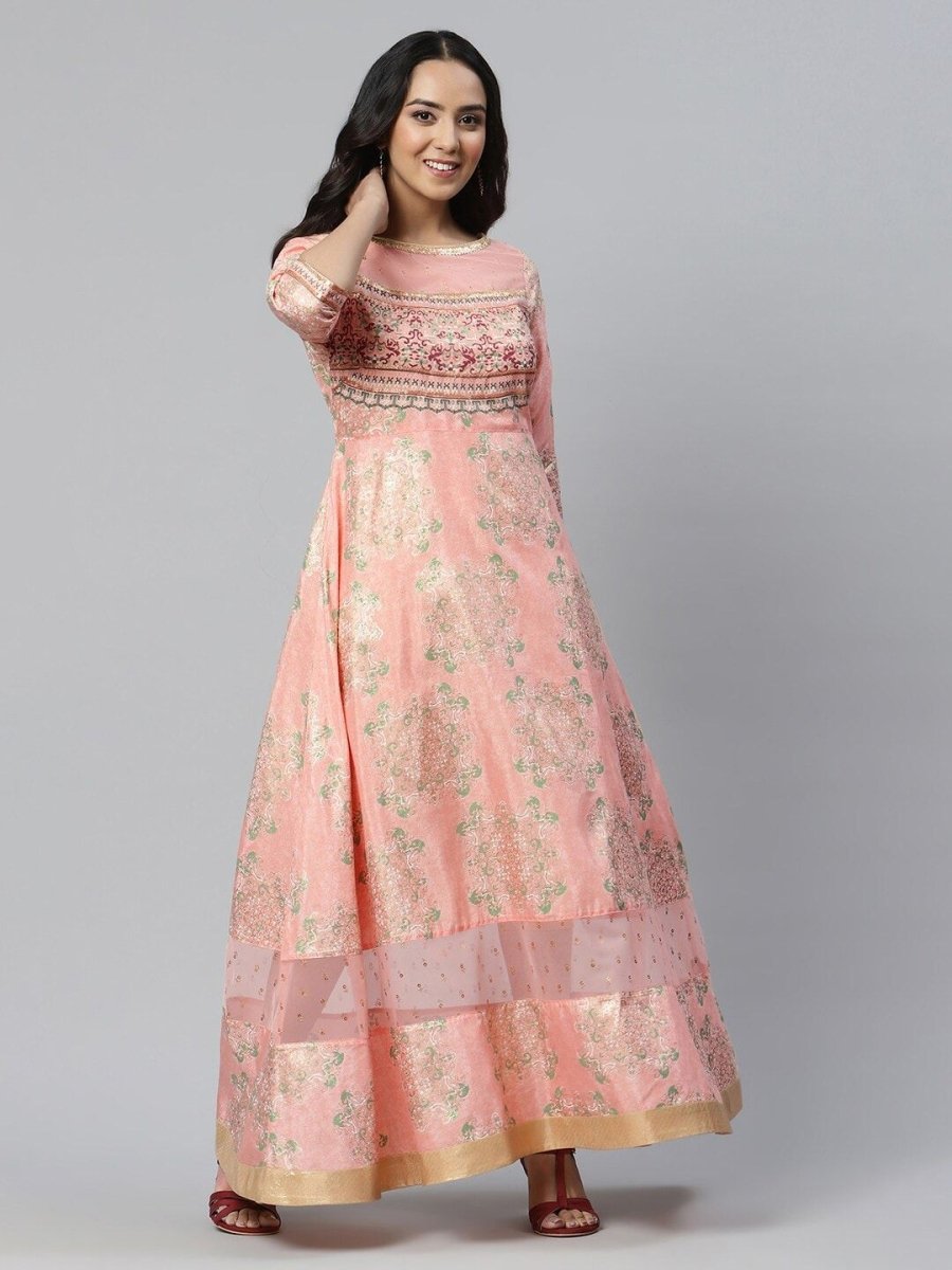 AURELIA Pink Ethnic Motifs Satin Maxi Dress