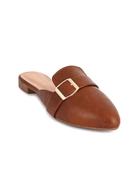 Thumbnail for DressBerry Brown Textured Buckled Pointed Toe Mules