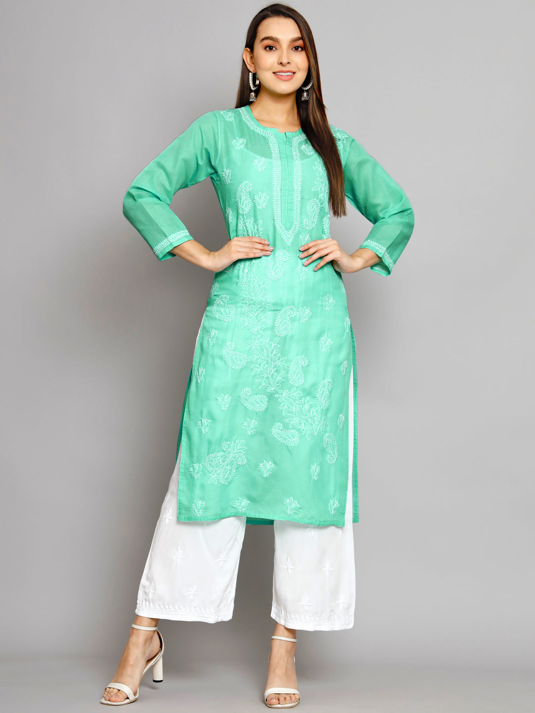 PARAMOUNT CHIKAN Women Sea Green Ethnic Motifs Embroidered Chikankari Kurta - Distacart