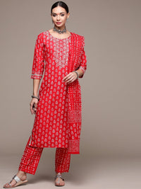 Thumbnail for Anubhutee Women Red Printed Pure Cotton Kurta with Trousers & With Dupatta - Distacart