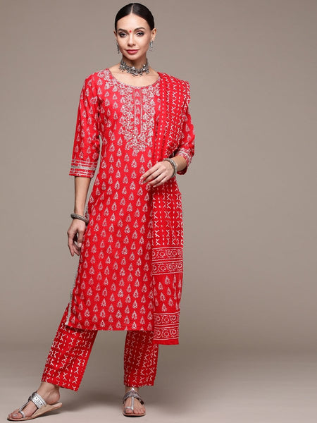 Anubhutee Women Red Printed Pure Cotton Kurta with Trousers & With Dupatta - Distacart