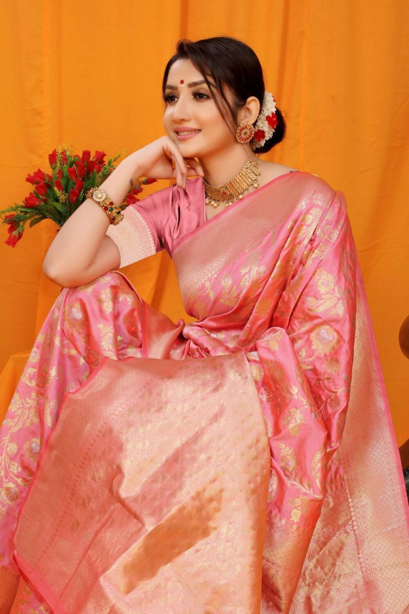 Aastha Fashion Baby Pink Woven Banarasi Silk Saree with Blouse - Distacart