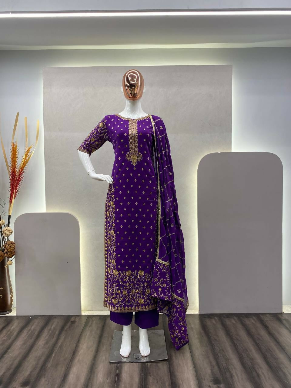 Preksha Creation Women Faux Georgette Sequance Embroidery Work Suit With Stitched Pant And Dupatta - Purple