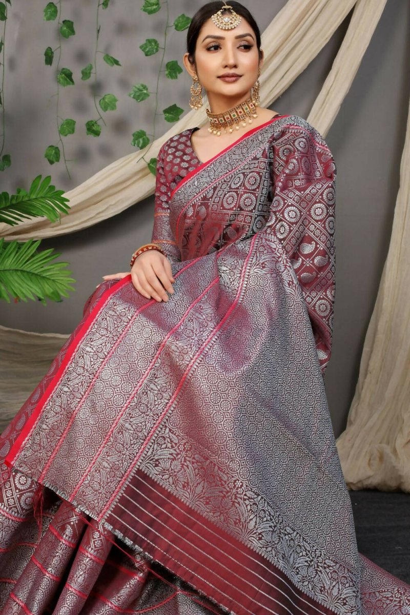 Aastha Fashion Maroon Woven Kanchipuram Silk Saree with Blouse - Distacart