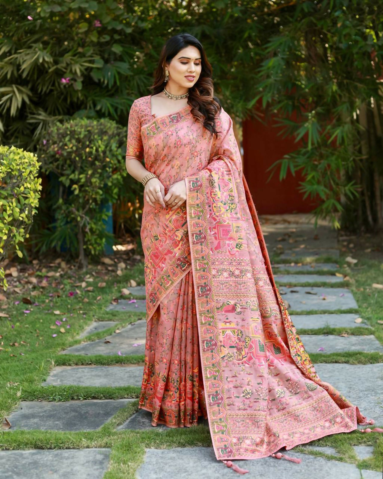 Vastranavya Luxury and Beautiful Soft, Smooth, Flowing Original Pashmina Soft Cotton Saree with Matching Blouse Fabric - Peach