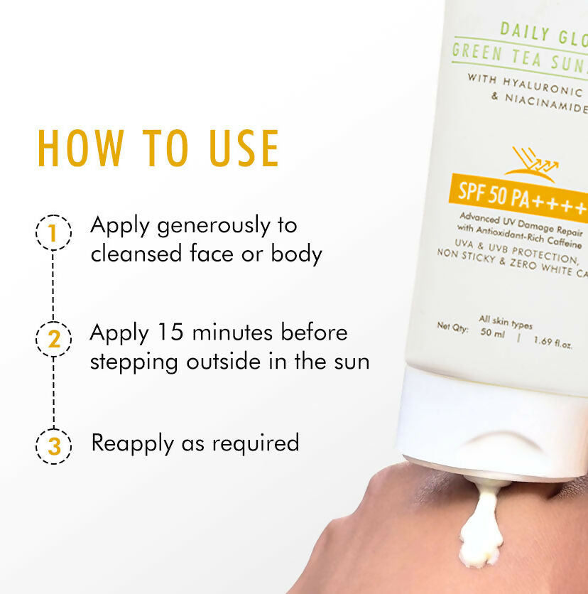 mCaffeine Sun Fix Daily Glow Green Tea Sunscreen SPF 50 PA++++ with Niacinamide, Lightweight & No White Cast