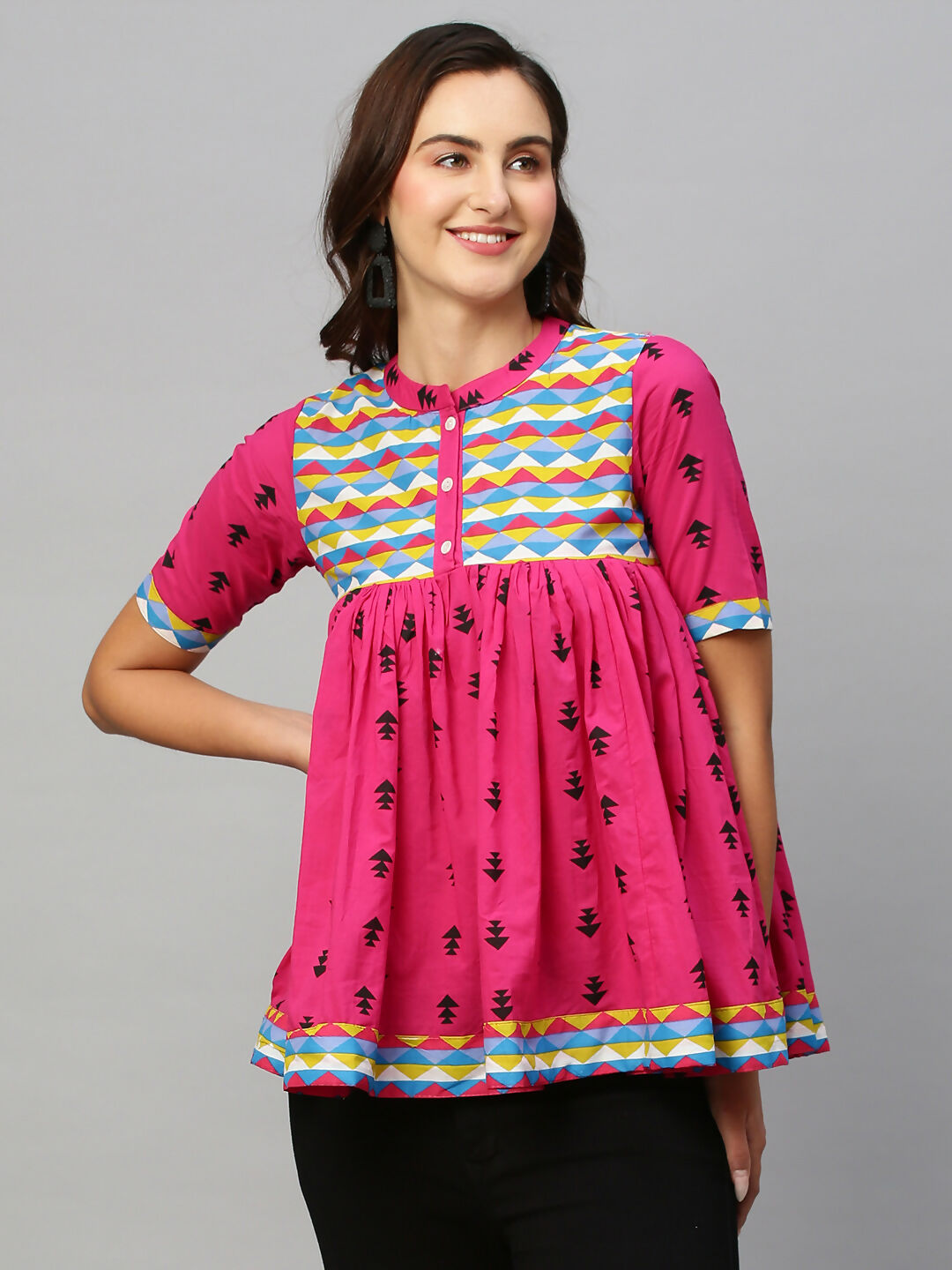 Pink & Black Pure Cotton Printed A-Line Top - Bosky - Distacart