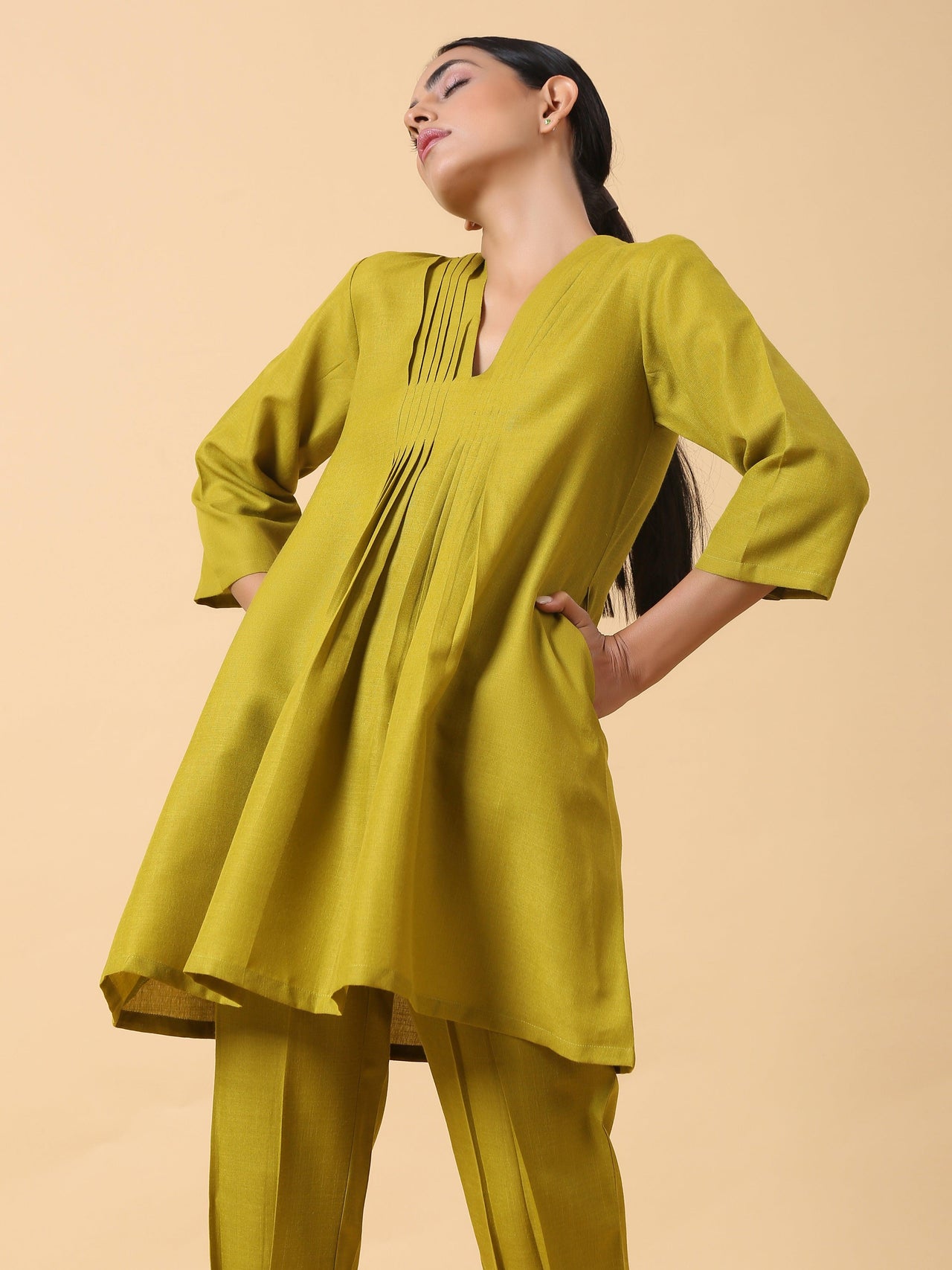trueBrowns Cotton Linen Lime Green Pleated Co-Ord Set - Distacart
