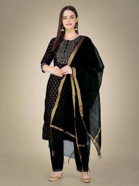 Malishka Women's Embroidered Cotton Blend Kurta Pant Dupatta Set-Black - Distacart