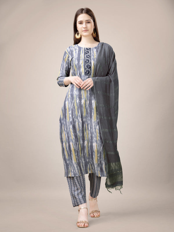 Malishka Women's Embroidered & Printed Grey Rayon Kurta Pant Set