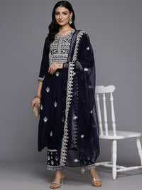 Thumbnail for Varanga Women Navy Blue Round Neck Thread Embroidered Kurta Paired With Bottom And Dupatta