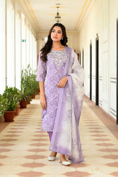 Vaasva Women Lavender Tissue Linen Embroidered Solid Kurta Set With Solid Pants & Printed Dupatta