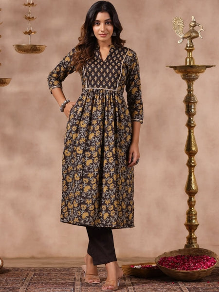 Anubhutee Floral Printed Mandarin Collar Regular Pure Cotton A-Line Kurta With Trousers - Distacart