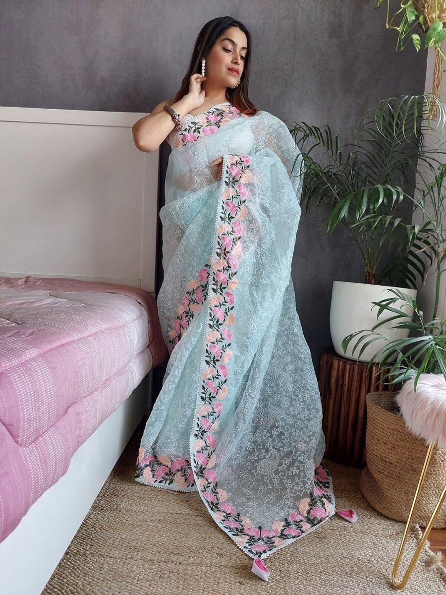 Anouk Floral Embroidered Organza Saree - Distacart