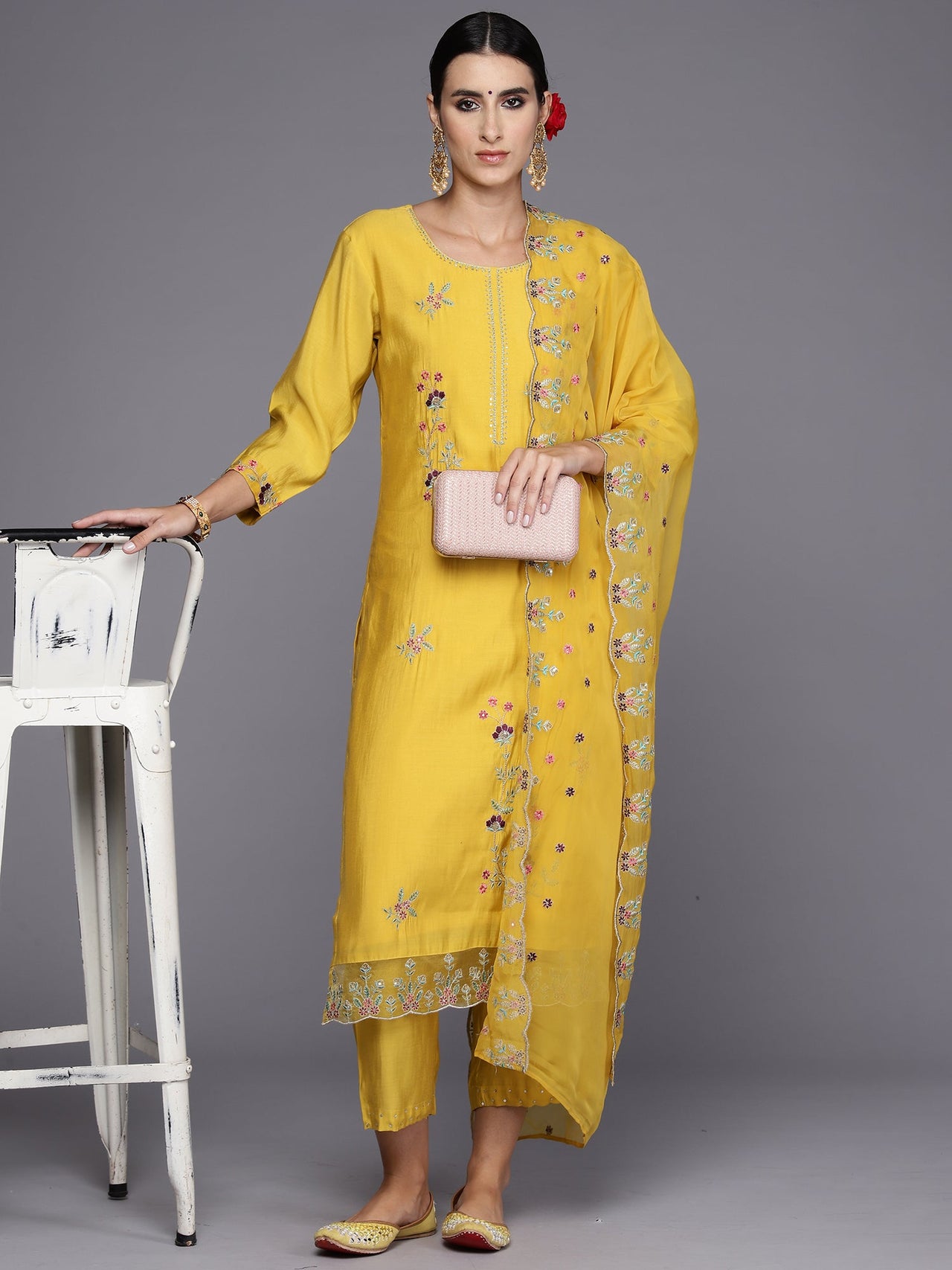 Women Yellow Embroidered Straight Kurta Trousers With Dupatta Set - Taantav