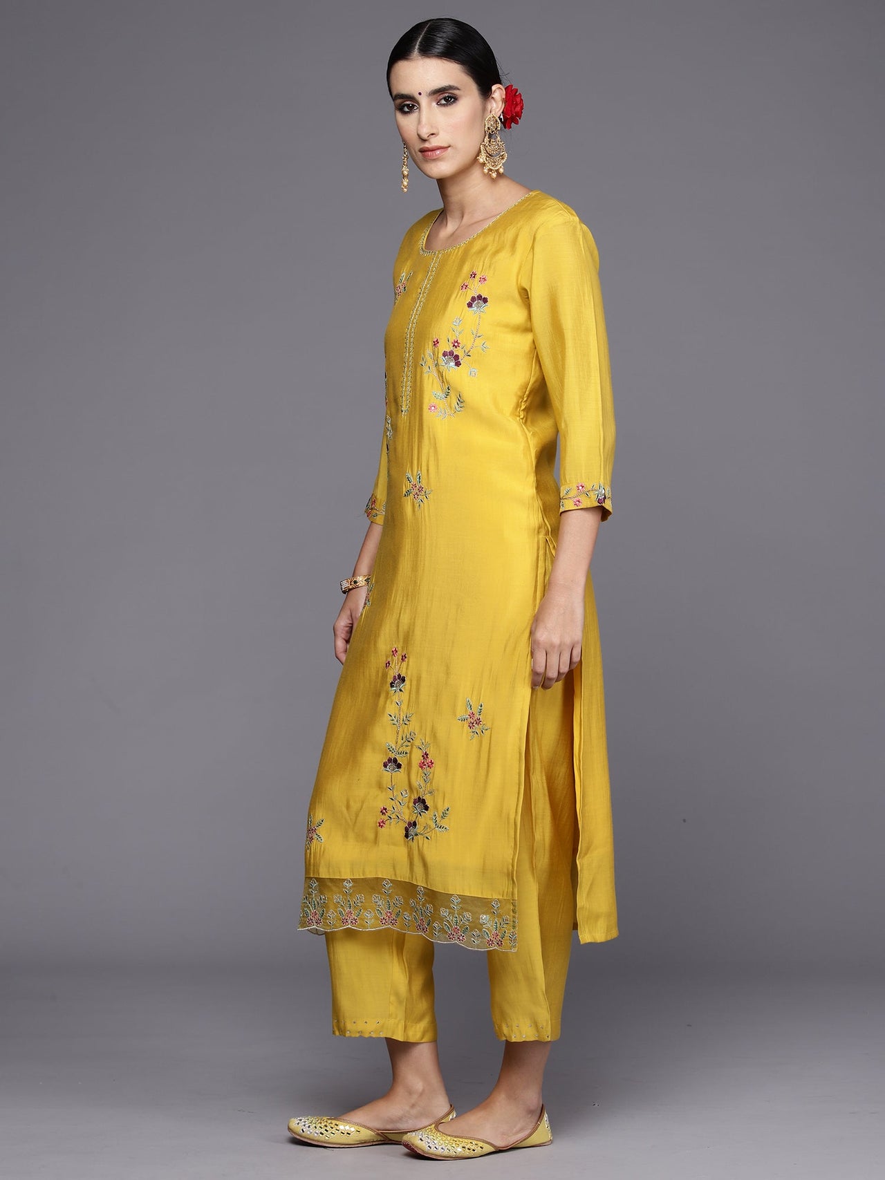Women Yellow Embroidered Straight Kurta Trousers With Dupatta Set - Taantav