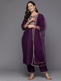 Thumbnail for Women Purple Embroidered Straight Kurta Trousers With Dupatta Set - Taantav