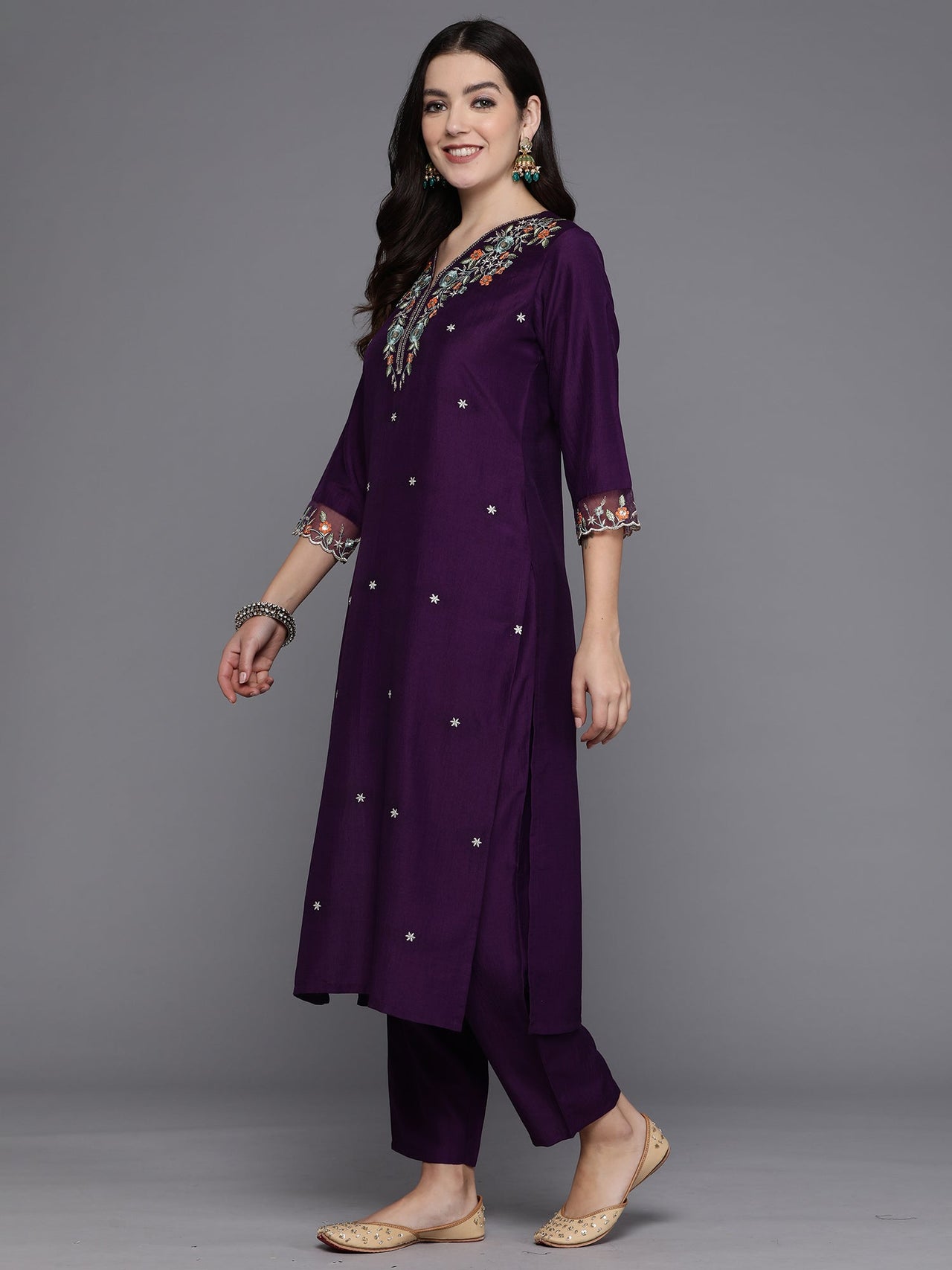 Women Purple Embroidered Straight Kurta Trousers With Dupatta Set - Taantav