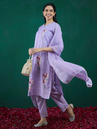 Thumbnail for Women Purple Printed Straight Kurta Trousers With Dupatta Set - Taantav