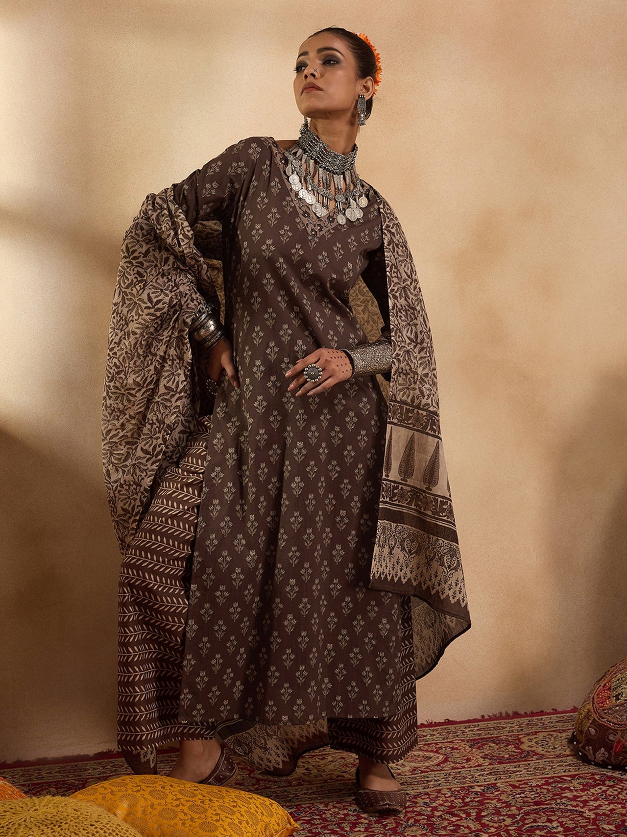 Women Brown Printed Straight Kurta Palazzos With Dupatta Set - Taantav