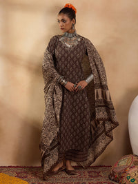 Thumbnail for Women Brown Printed Straight Kurta Palazzos With Dupatta Set - Taantav