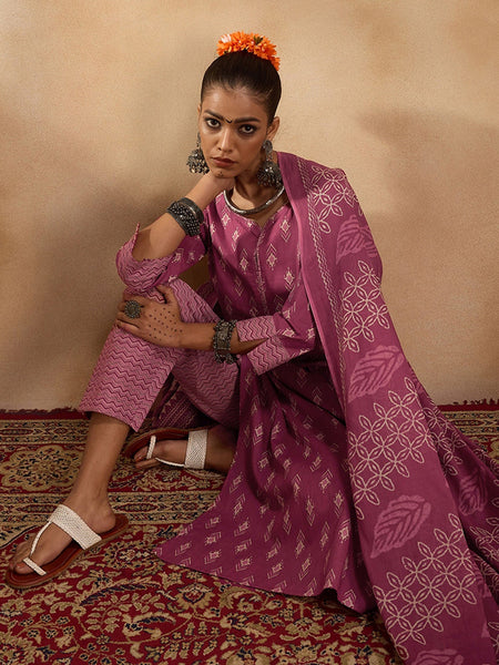 Women Pink Printed Straight Kurta Trousers With Dupatta Set - Taantav