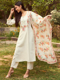 Thumbnail for Women White Embroidered Straight Kurta Trousers With Dupatta Set - Taantav