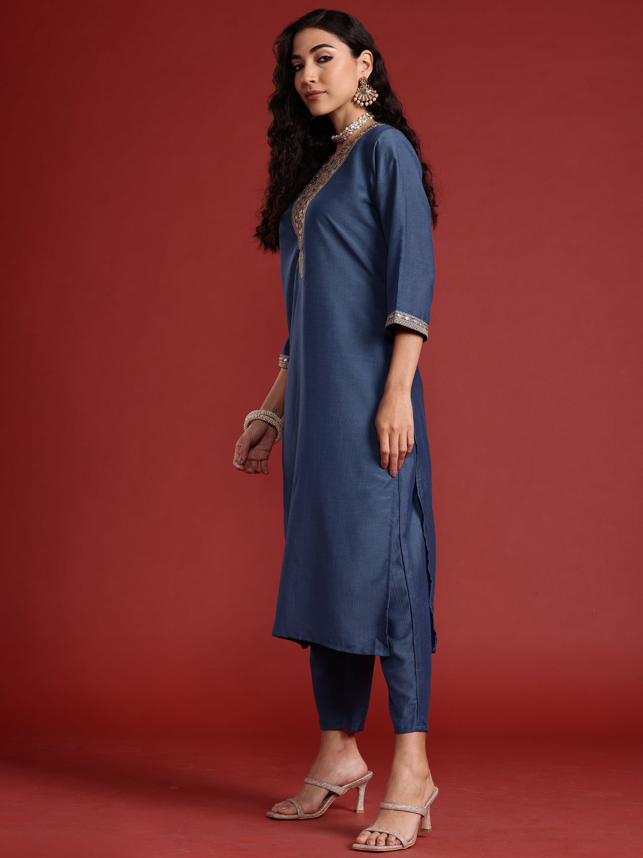 Women Grey Embroidered Straight Kurta Trousers With Dupatta Set - Taantav