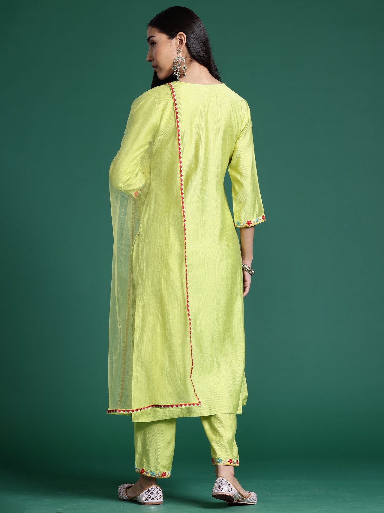 Women Green Embroidered Straight Kurta Trousers With Dupatta Set - Taantav