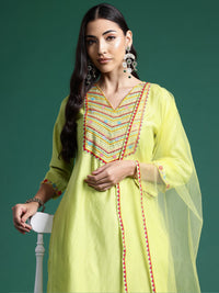 Thumbnail for Women Green Embroidered Straight Kurta Trousers With Dupatta Set - Taantav