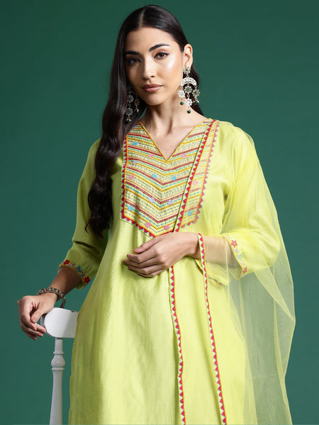 Women Green Embroidered Straight Kurta Trousers With Dupatta Set - Taantav
