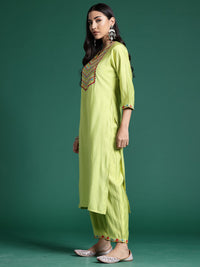 Thumbnail for Women Green Embroidered Straight Kurta Trousers With Dupatta Set - Taantav