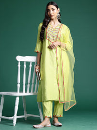 Thumbnail for Women Green Embroidered Straight Kurta Trousers With Dupatta Set - Taantav