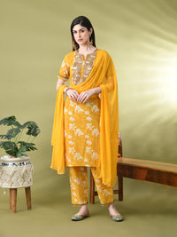 Thumbnail for Myshka Women's Cotton Yellow Printed Kurta Set With Dupatta