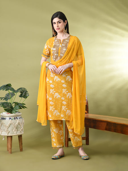 Myshka Women's Cotton Yellow Printed Kurta Set With Dupatta