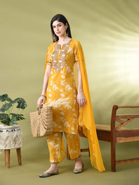 Thumbnail for Myshka Women's Cotton Yellow Printed Kurta Set With Dupatta