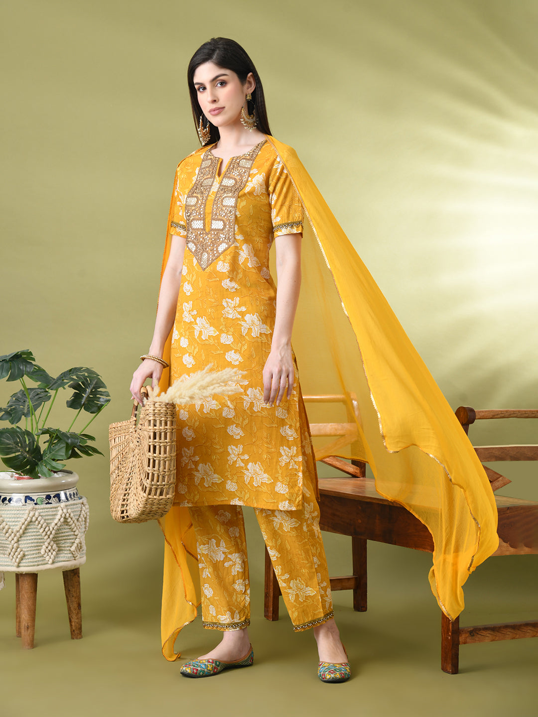 Myshka Women's Cotton Yellow Printed Kurta Set With Dupatta