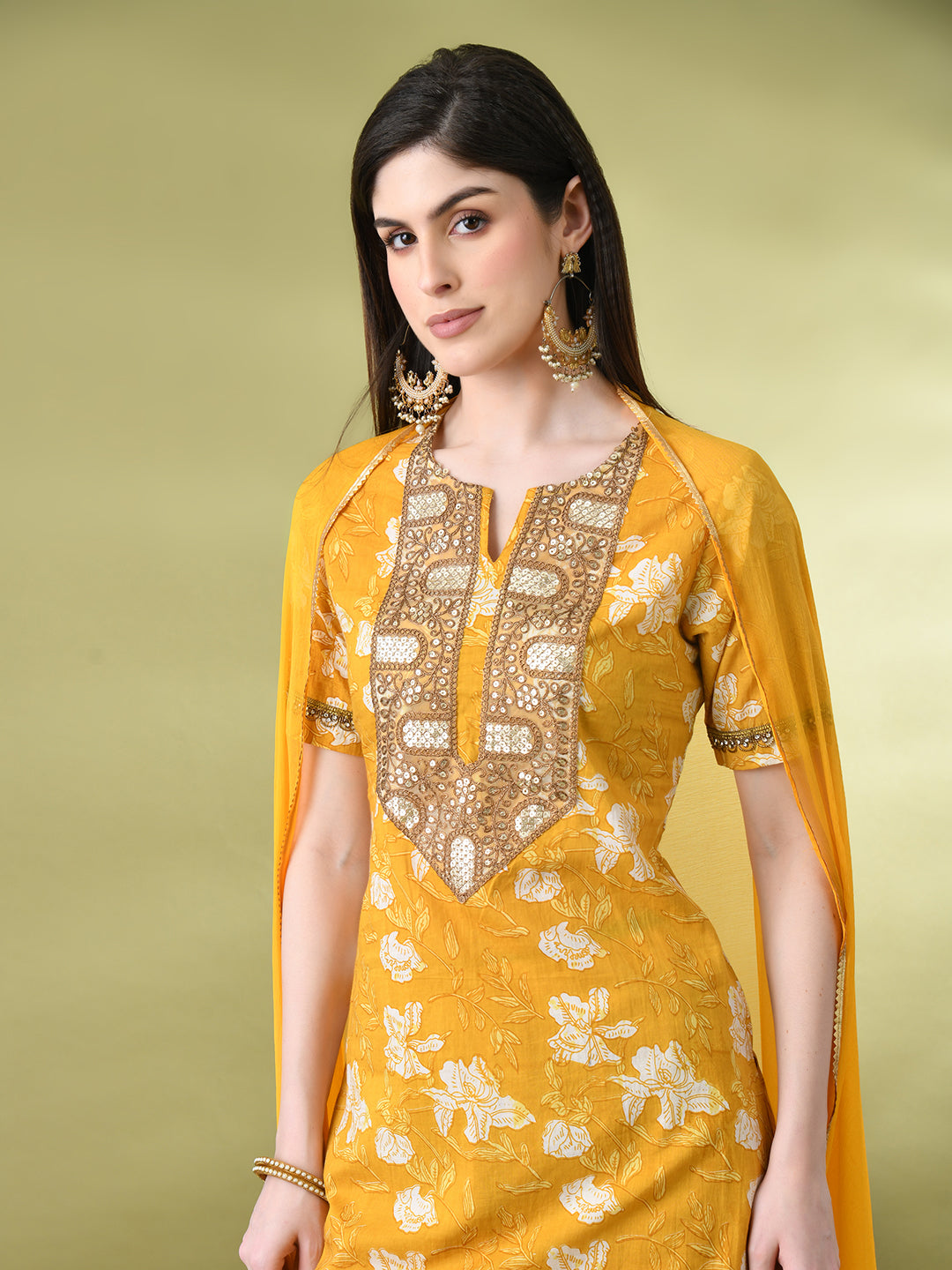 Myshka Women's Cotton Yellow Printed Kurta Set With Dupatta