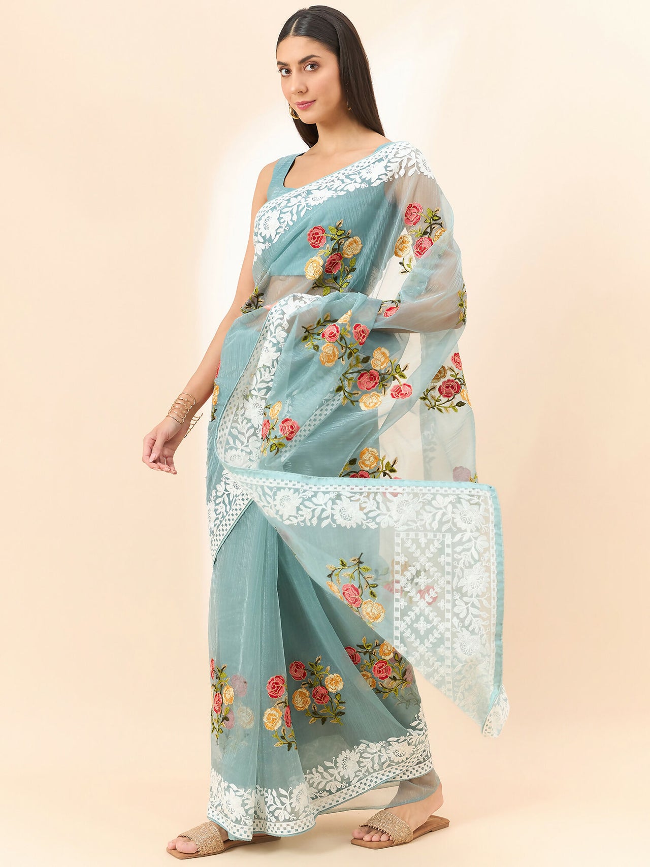 Blue Organza Floral Embroidered Saree with Unstitched Blouse Piece - Roozal - Distacart