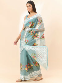 Thumbnail for Blue Organza Floral Embroidered Saree with Unstitched Blouse Piece - Roozal - Distacart