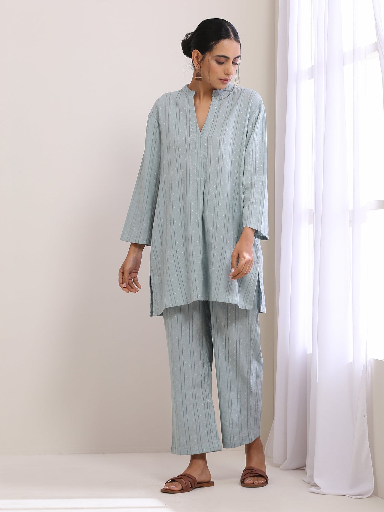 trueBrowns Eggshell Blue Dobby Relaxed Fit Co-Ord Set - Distacart