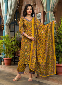 Thumbnail for Indian Fashion Women Yellow Embroidery Viscose Rayon Kurta, Pant And Dupatta Set