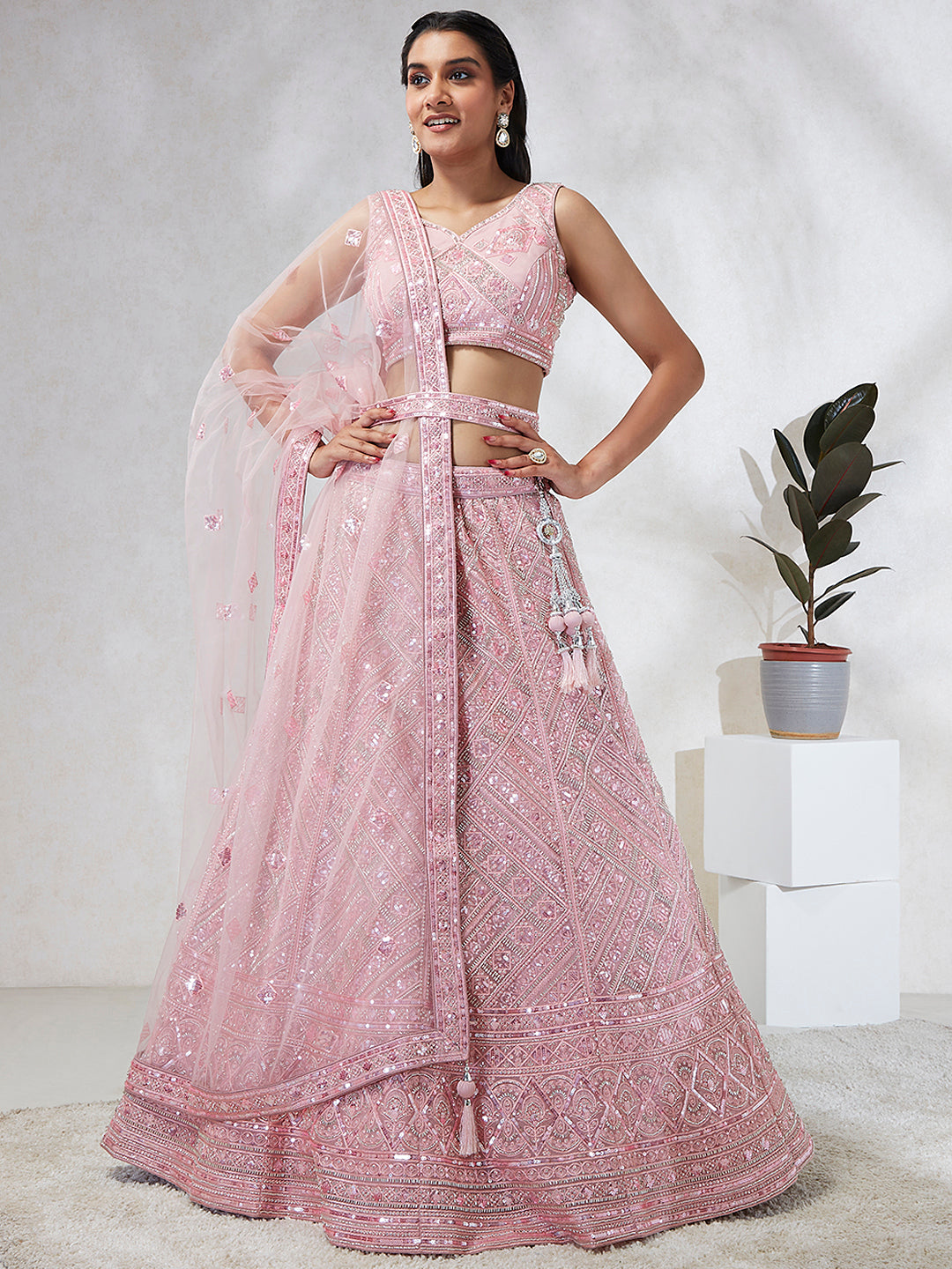 House of Panchhi Pink Net Cutdana, Sequins And Zarkan Embroidery Lehenga Choli & Dupatta - Distacart